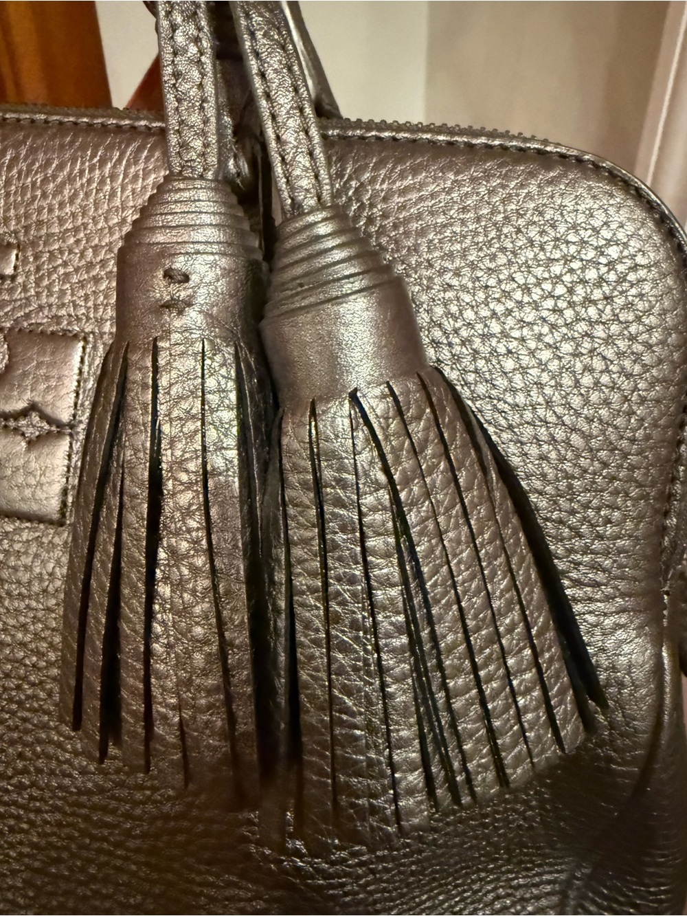 🩶 Tory Burch Metallic Pewter Leather Satchel with Tassels 🩶 - Picture 3 of 12